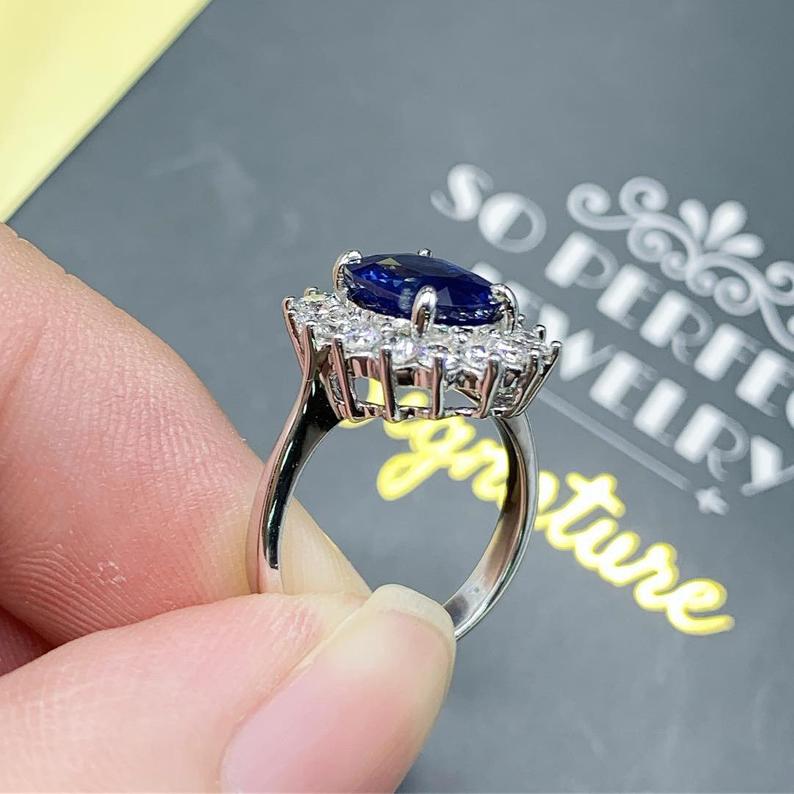 CEYLON! 4.45TCW Blue Sapphire Diamond 18K solid handmade white gold halo ring engagement