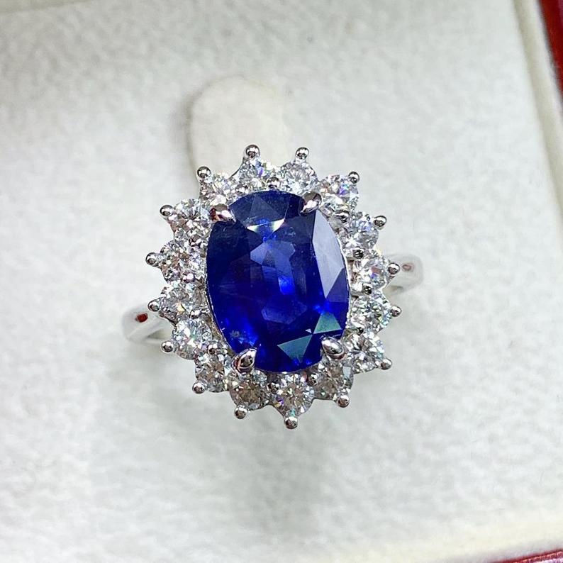 CEYLON! 4.45TCW Blue Sapphire Diamond 18K solid handmade white gold halo ring engagement