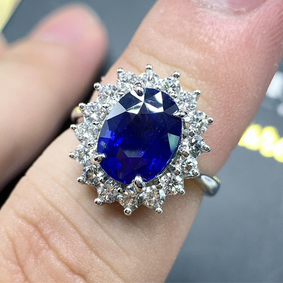 CEYLON! 4.45TCW Blue Sapphire Diamond 18K solid handmade white gold halo ring engagement