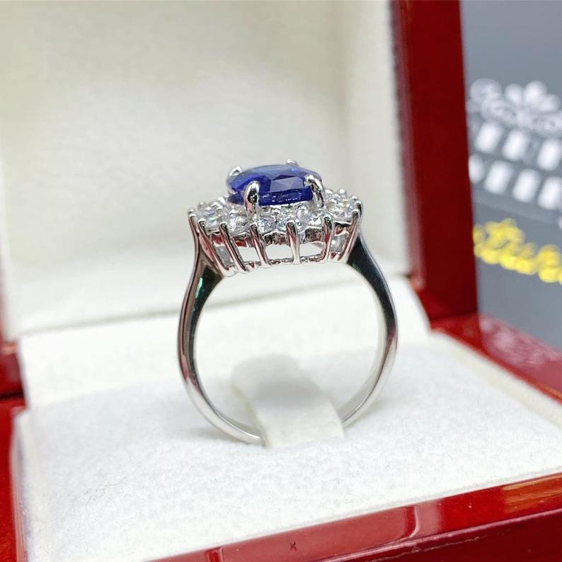 CEYLON! 4.45TCW Blue Sapphire Diamond 18K solid handmade white gold halo ring engagement