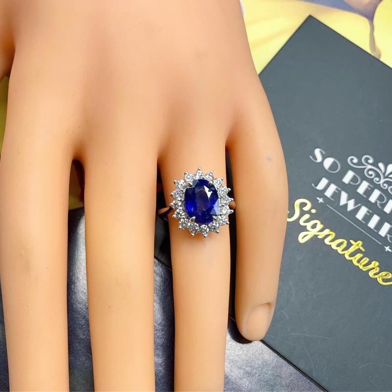 CEYLON! 4.45TCW Blue Sapphire Diamond 18K solid handmade white gold halo ring engagement