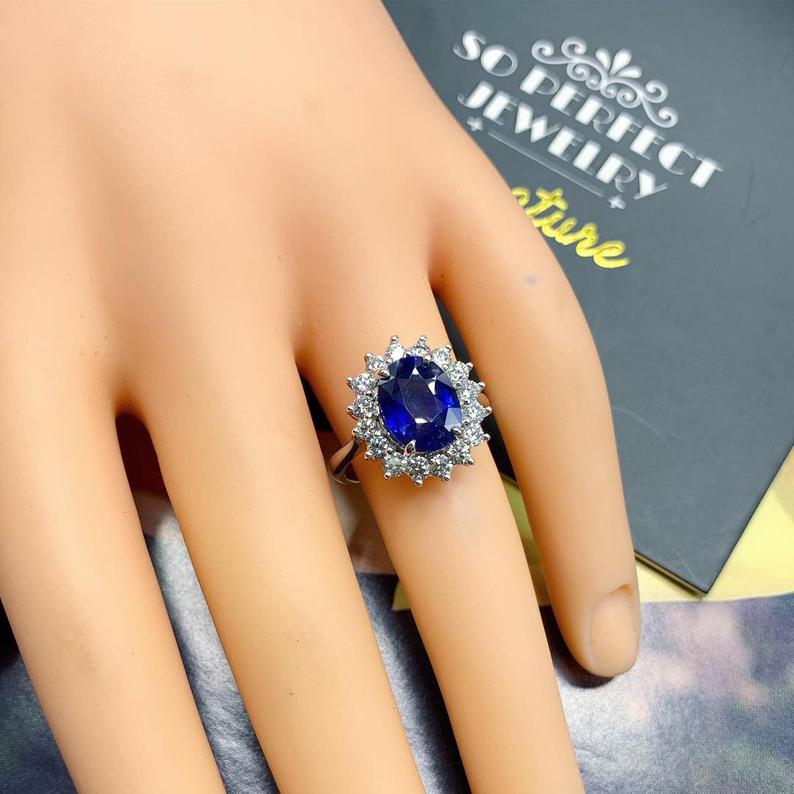 CEYLON! 4.45TCW Blue Sapphire Diamond 18K solid handmade white gold halo ring engagement