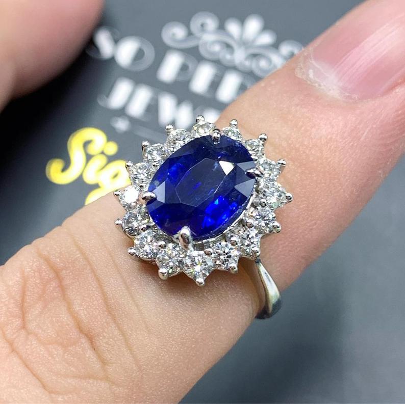 CEYLON! 4.45TCW Blue Sapphire Diamond 18K solid handmade white gold halo ring engagement