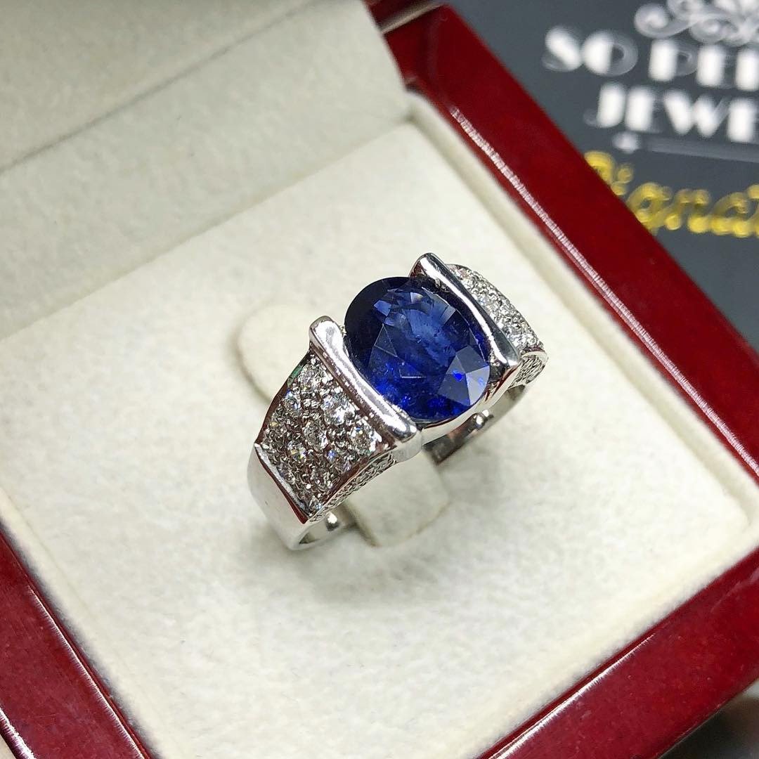 UNISEX! 3.03TCW Blue Sapphire Diamond 18K solid handmade white gold ring