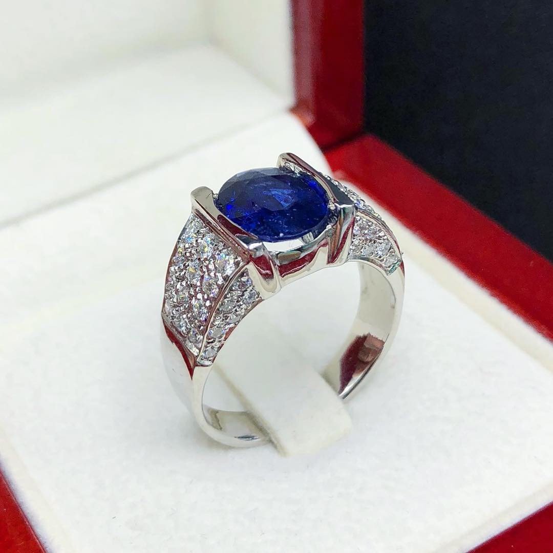 UNISEX! 3.03TCW Blue Sapphire Diamond 18K solid handmade white gold ring