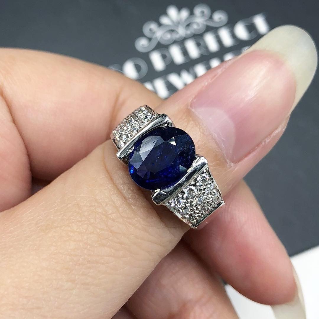 UNISEX! 3.03TCW Blue Sapphire Diamond 18K solid handmade white gold ring