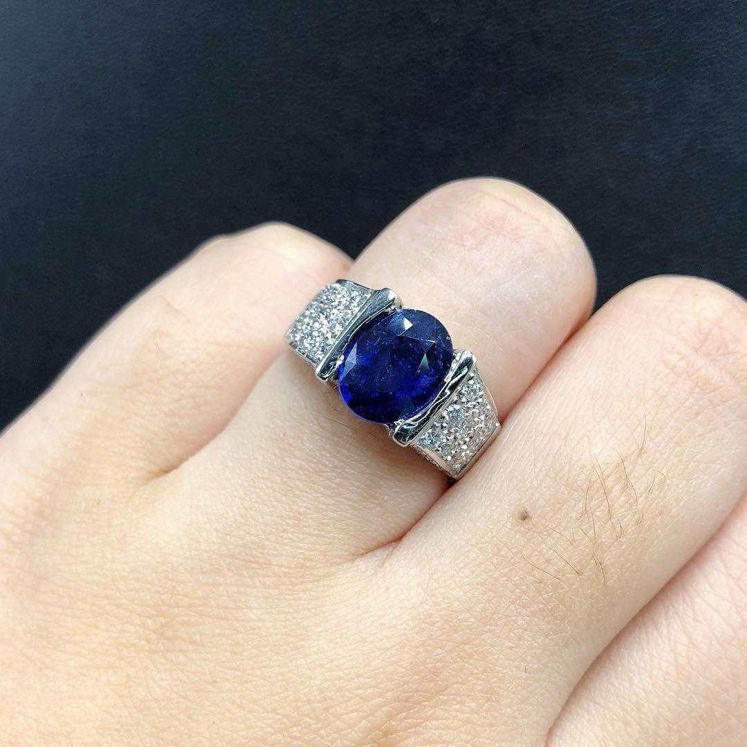 UNISEX! 3.03TCW Blue Sapphire Diamond 18K solid handmade white gold ring