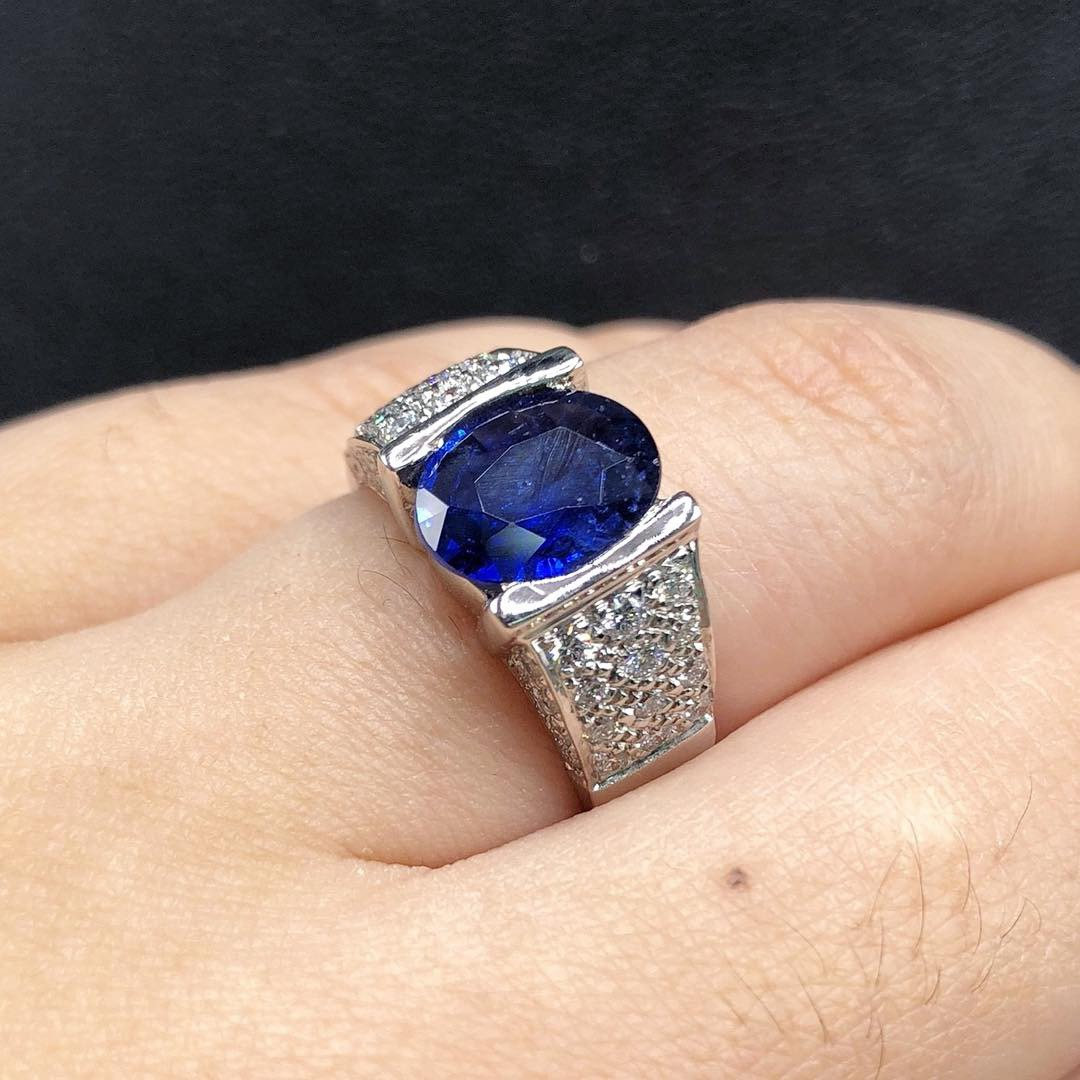 UNISEX! 3.03TCW Blue Sapphire Diamond 18K solid handmade white gold ring