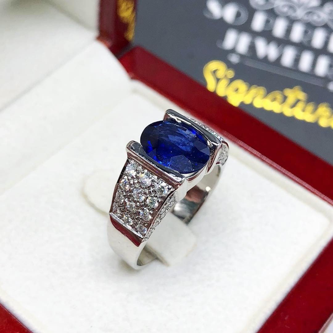 UNISEX! 3.03TCW Blue Sapphire Diamond 18K solid handmade white gold ring