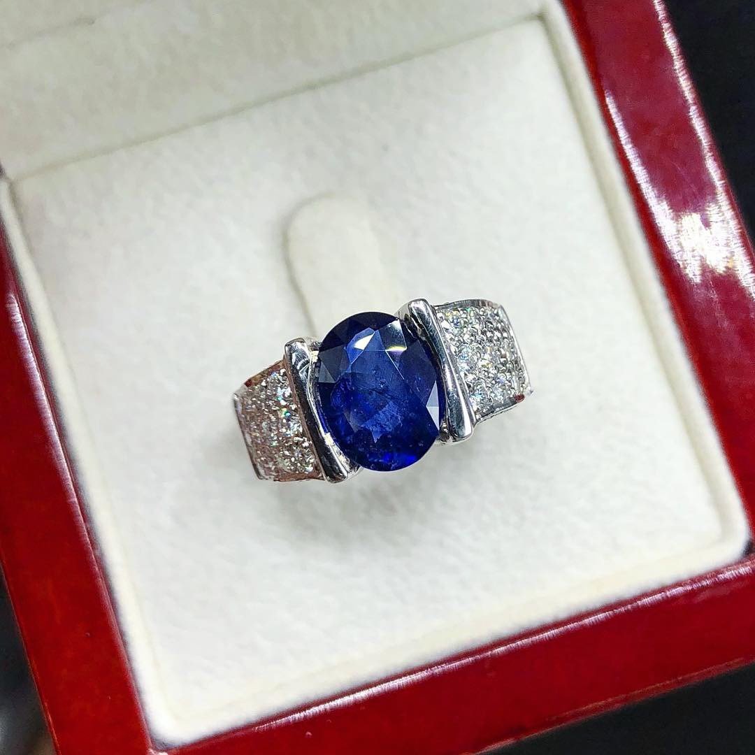 UNISEX! 3.03TCW Blue Sapphire Diamond 18K solid handmade white gold ring