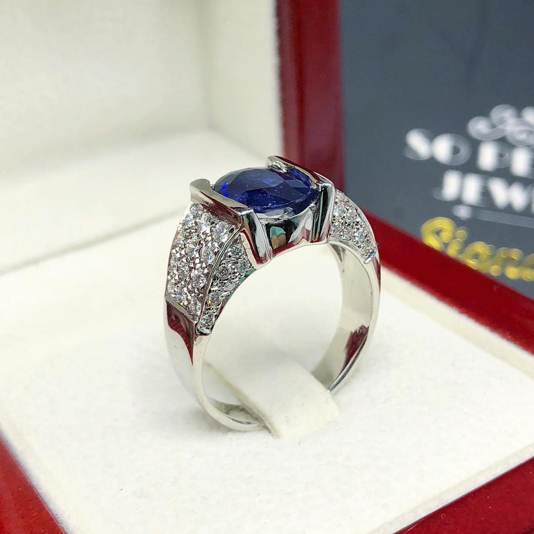 UNISEX! 3.03TCW Blue Sapphire Diamond 18K solid handmade white gold ring