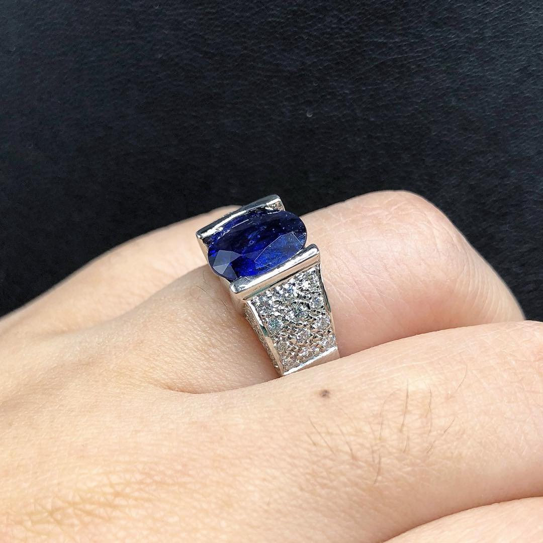 UNISEX! 3.03TCW Blue Sapphire Diamond 18K solid handmade white gold ring