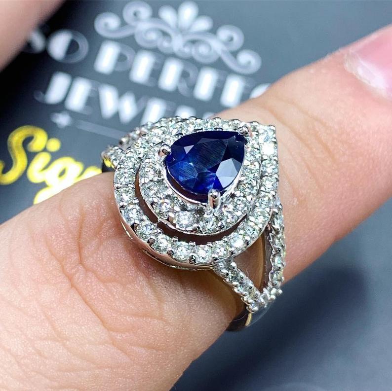 CEYLON! 2.77TCW Blue Sapphire Diamond 18K solid handmade white gold ring engagement