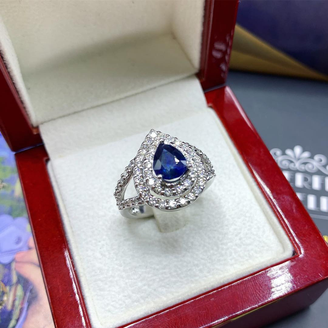 CEYLON! 2.77TCW Blue Sapphire Diamond 18K solid handmade white gold ring engagement