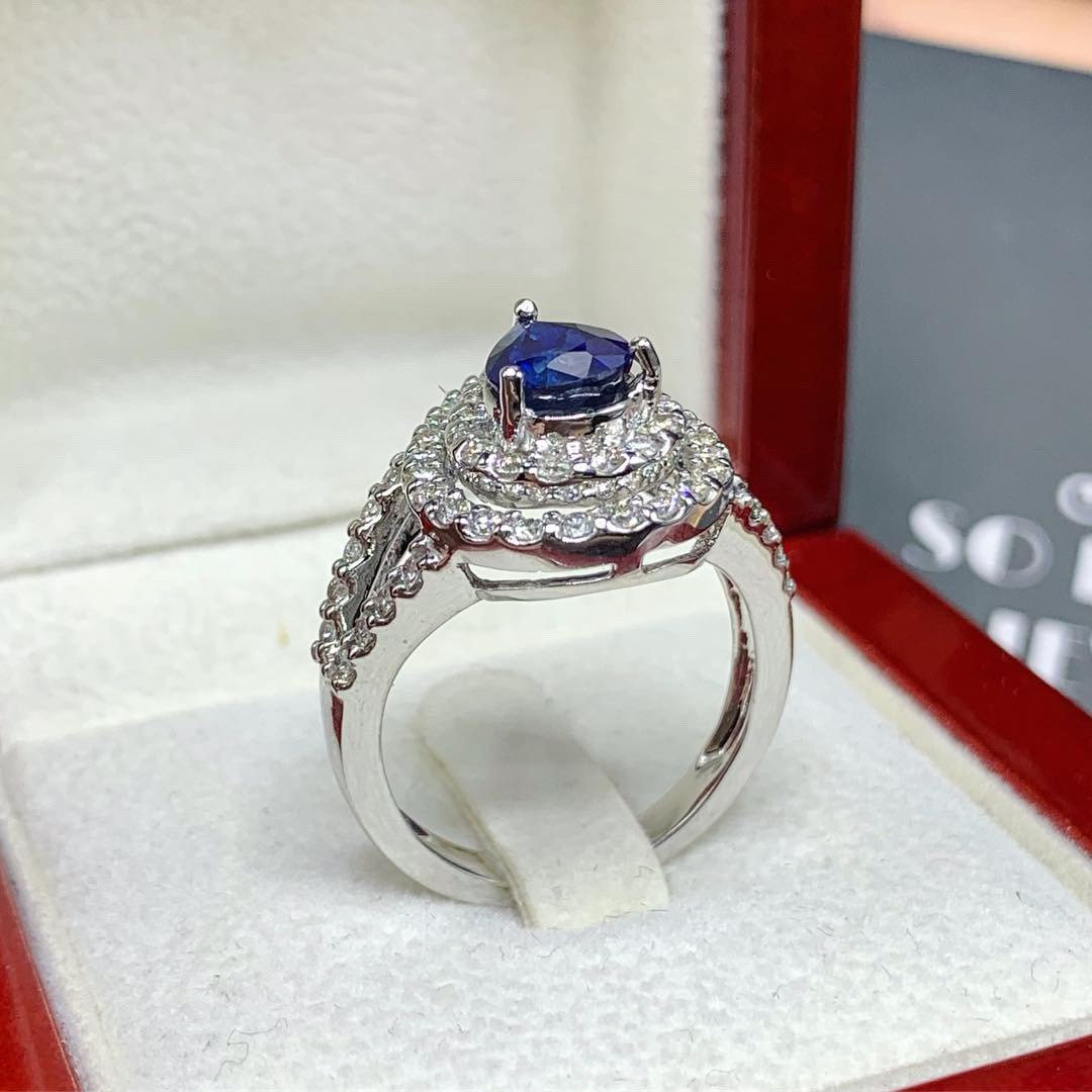 CEYLON! 2.77TCW Blue Sapphire Diamond 18K solid handmade white gold ring engagement