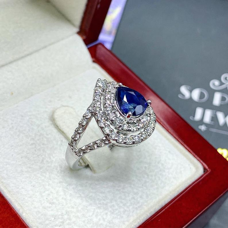 CEYLON! 2.77TCW Blue Sapphire Diamond 18K solid handmade white gold ring engagement