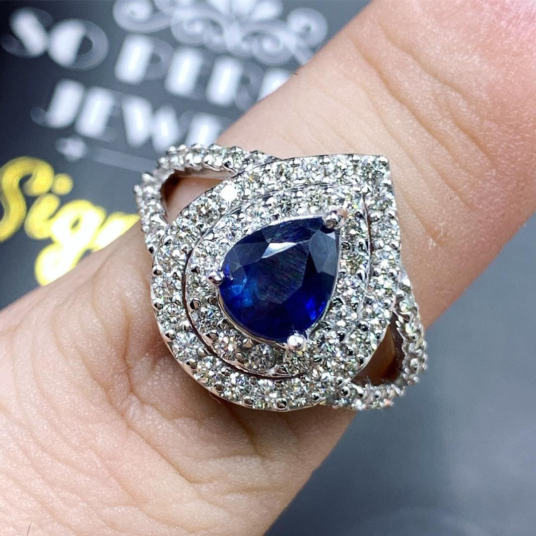 CEYLON! 2.77TCW Blue Sapphire Diamond 18K solid handmade white gold ring engagement