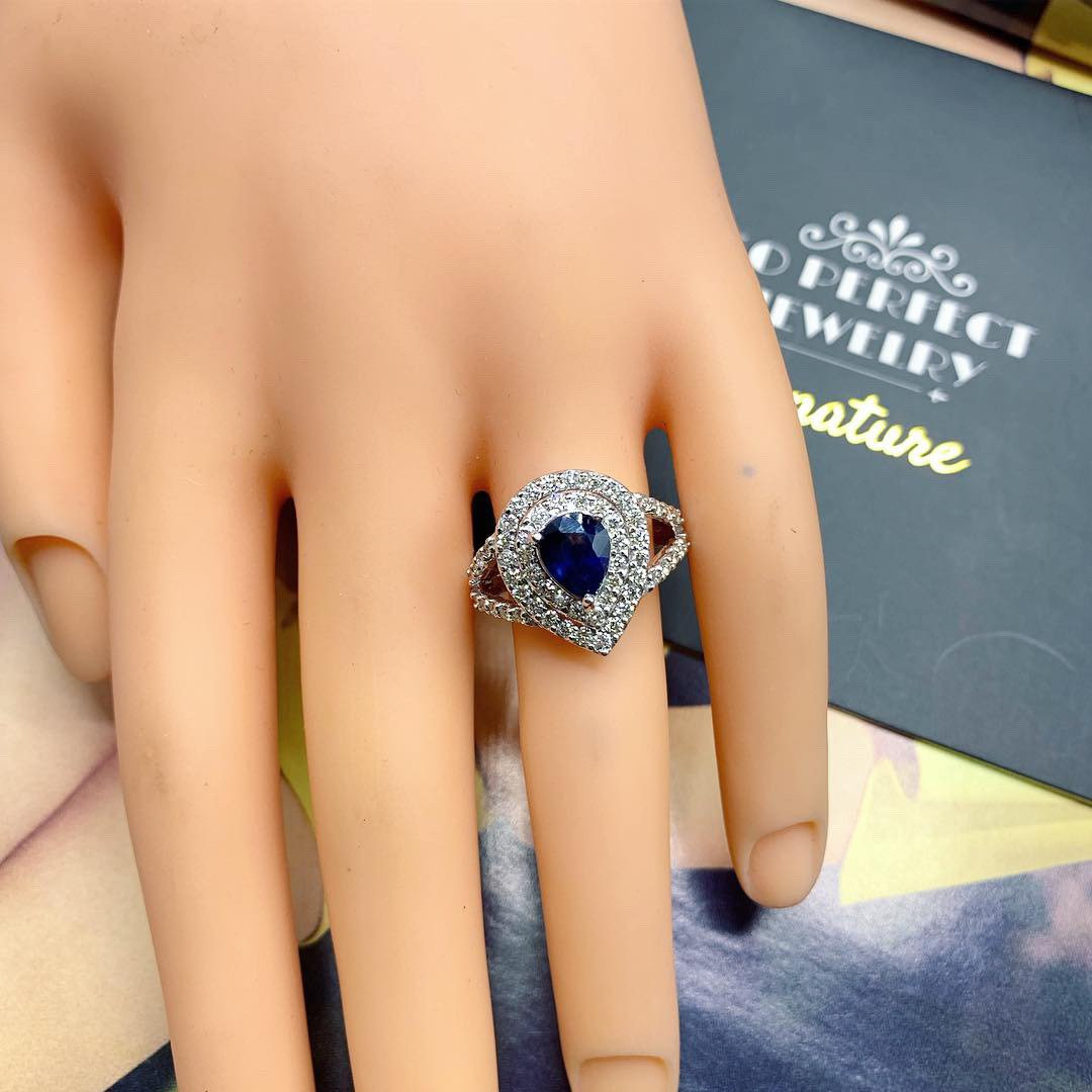 CEYLON! 2.77TCW Blue Sapphire Diamond 18K solid handmade white gold ring engagement