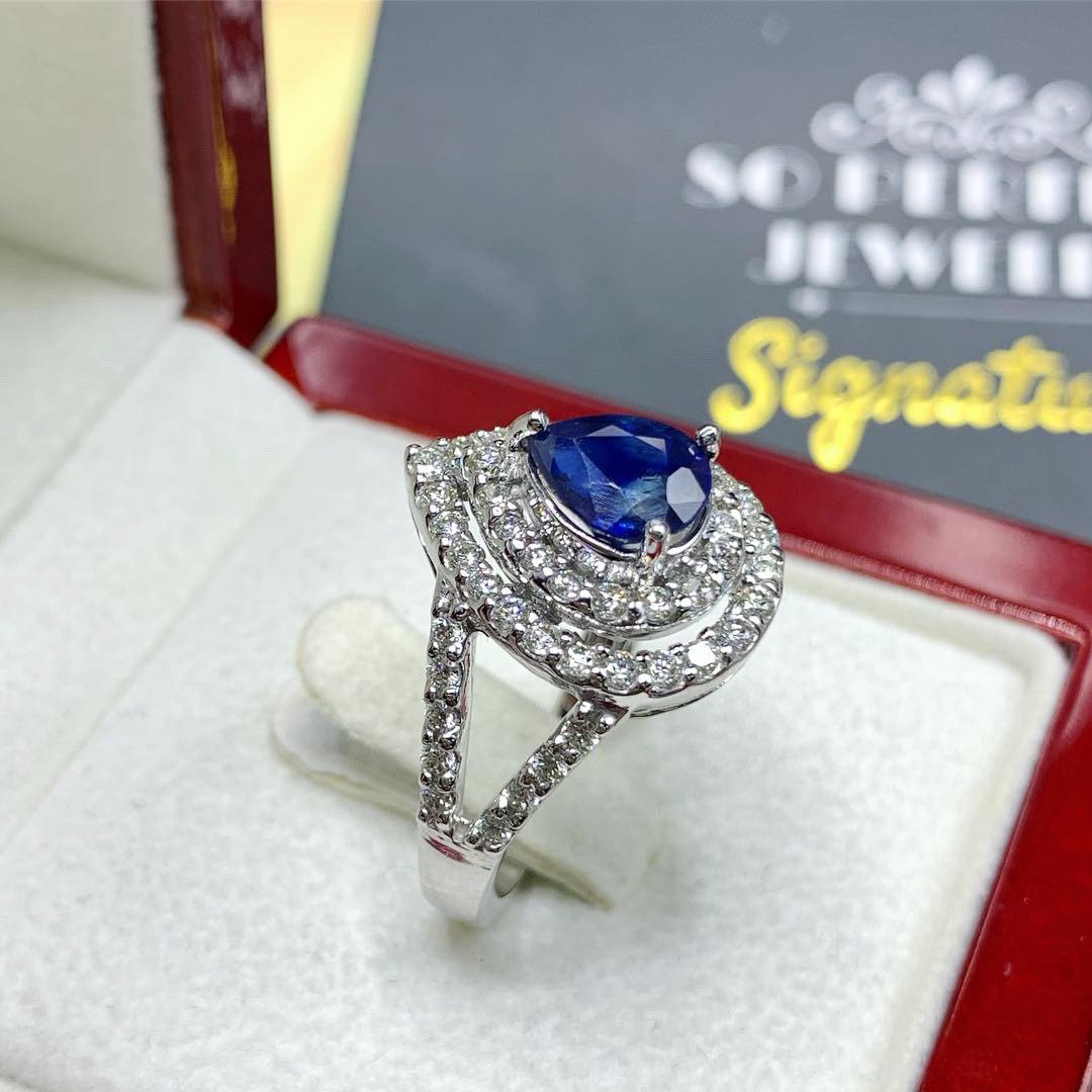 CEYLON! 2.77TCW Blue Sapphire Diamond 18K solid handmade white gold ring engagement