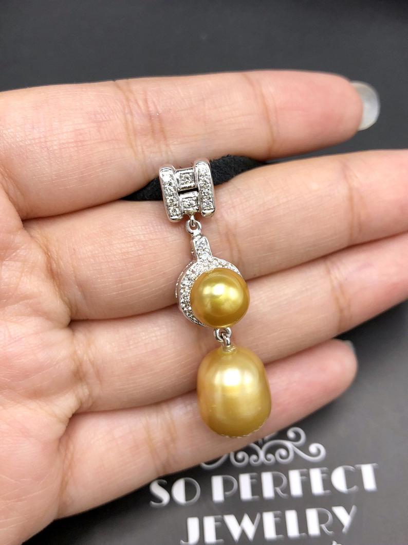 STUNNING Golden South Sea Pearl VS Diamond 18K solid white gold art deco long necklace pendant