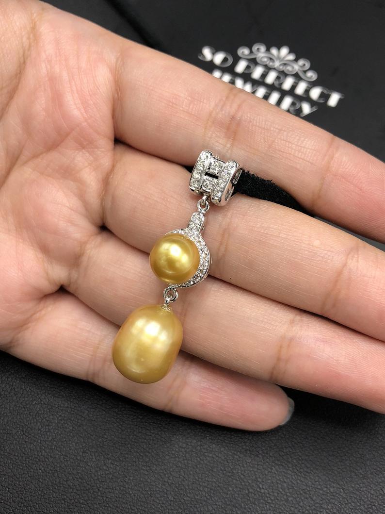 STUNNING Golden South Sea Pearl VS Diamond 18K solid white gold art deco long necklace pendant