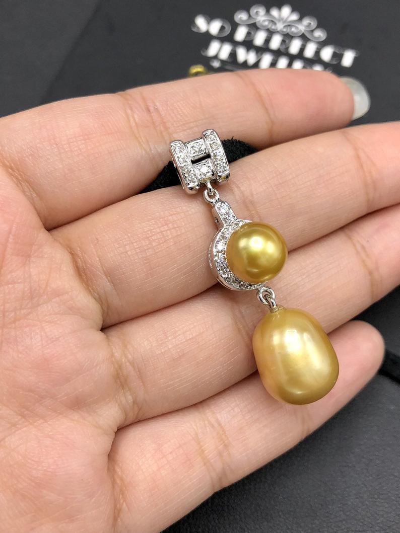 STUNNING Golden South Sea Pearl VS Diamond 18K solid white gold art deco long necklace pendant