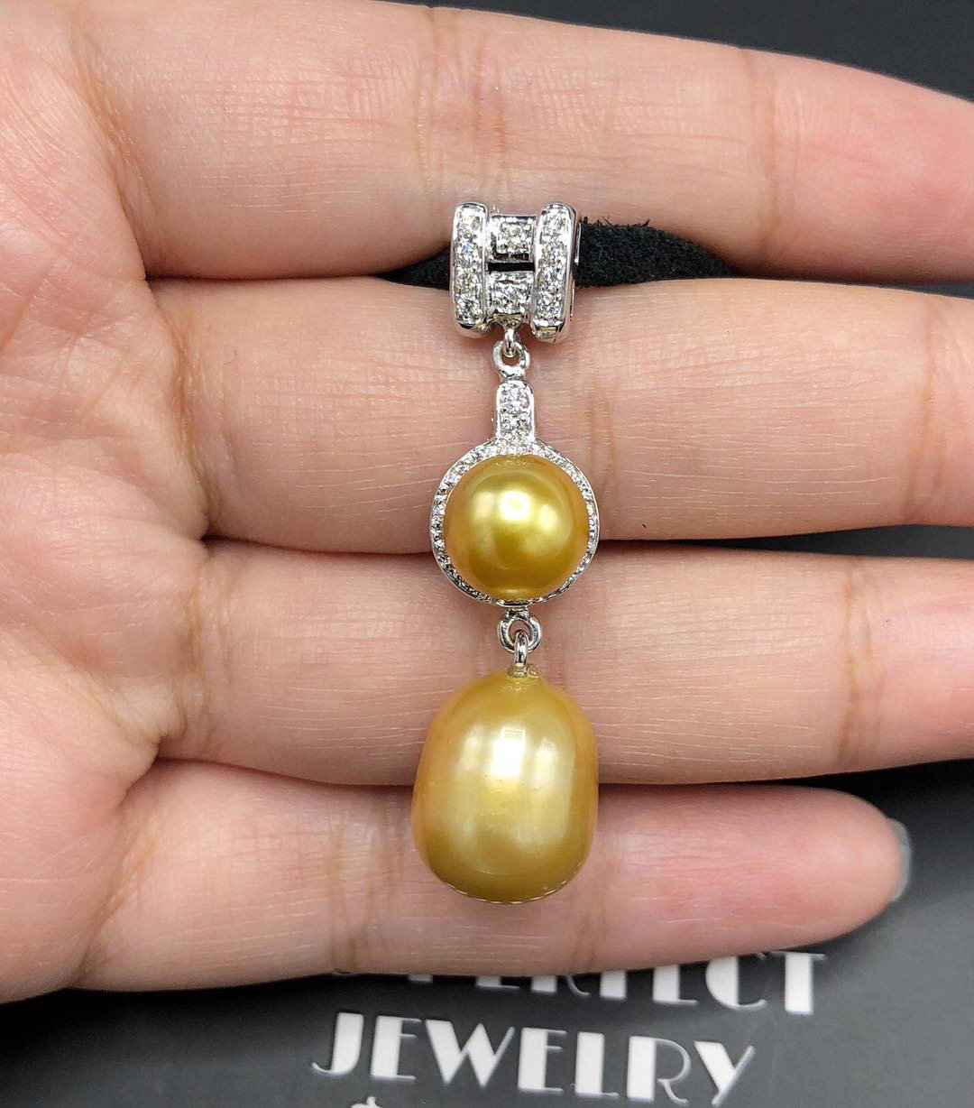 STUNNING Golden South Sea Pearl VS Diamond 18K solid white gold art deco long necklace pendant