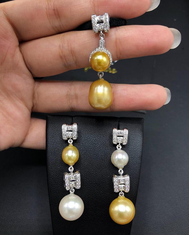 STUNNING Golden South Sea Pearl VS Diamond 18K solid white gold art deco long necklace pendant