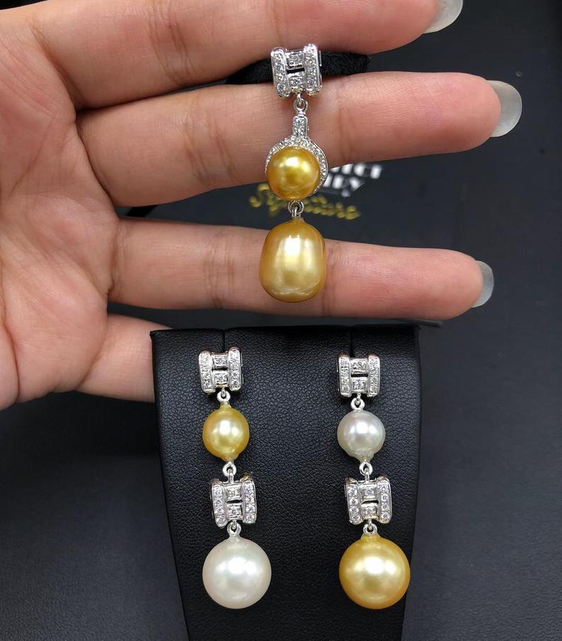 STUNNING Golden South Sea Pearl VS Diamond 18K solid white gold art deco long necklace pendant