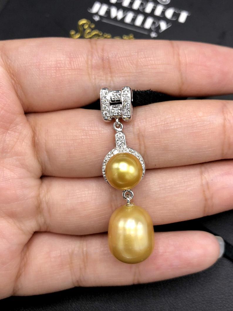 STUNNING Golden South Sea Pearl VS Diamond 18K solid white gold art deco long necklace pendant