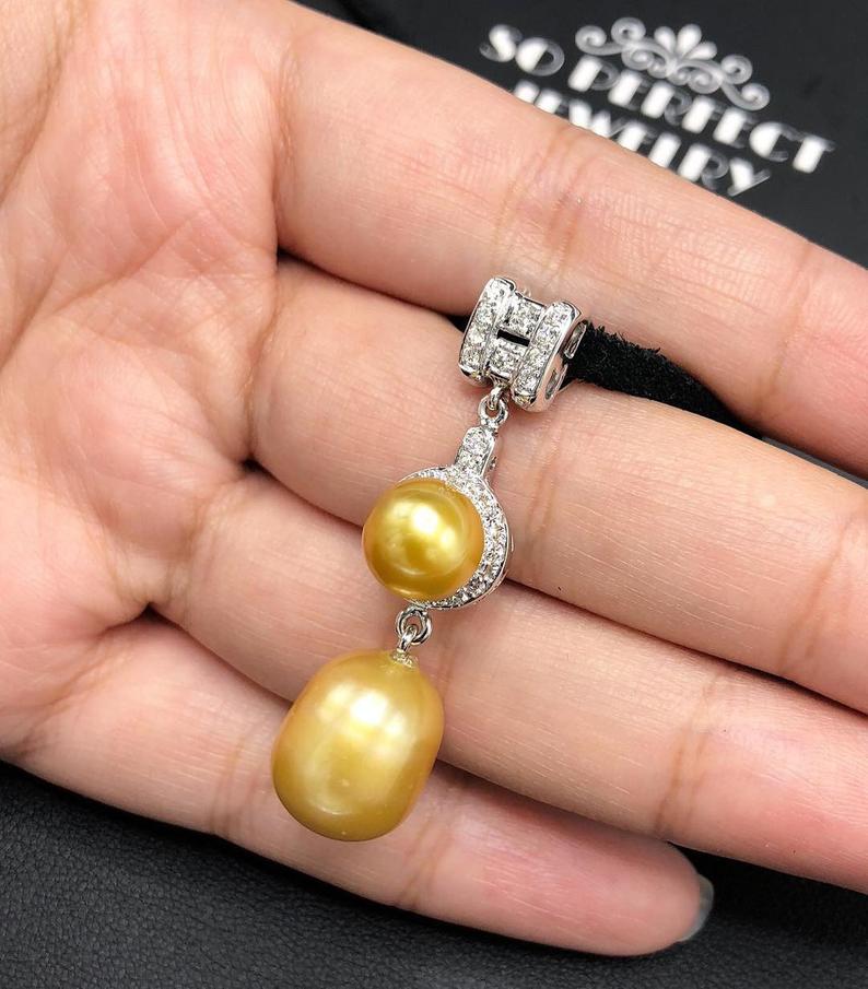 STUNNING Golden South Sea Pearl VS Diamond 18K solid white gold art deco long necklace pendant