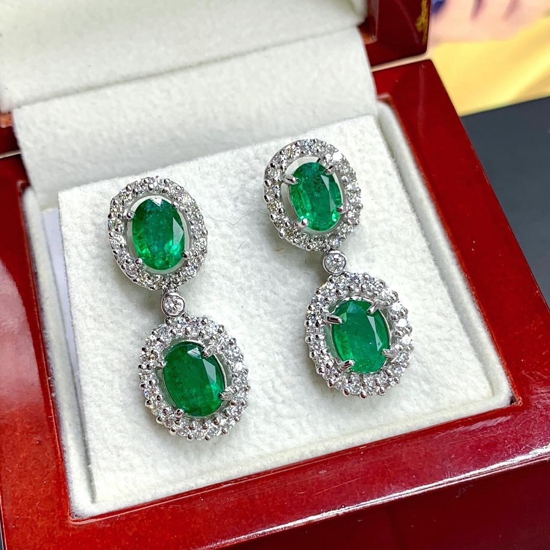 VIVID! 6.78TCW Green Emerald Diamond 18K solid WHITE gold handmade earrings dangle drop white gold chandelier