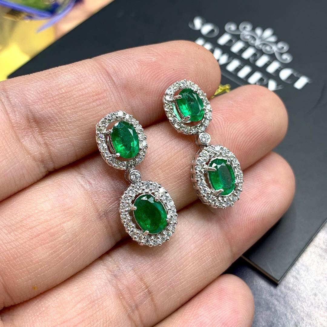 VIVID! 6.78TCW Green Emerald Diamond 18K solid WHITE gold handmade earrings dangle drop white gold chandelier