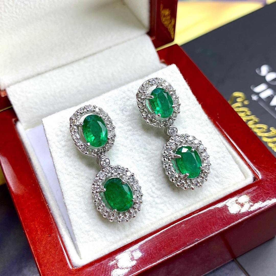 VIVID! 6.78TCW Green Emerald Diamond 18K solid WHITE gold handmade earrings dangle drop white gold chandelier