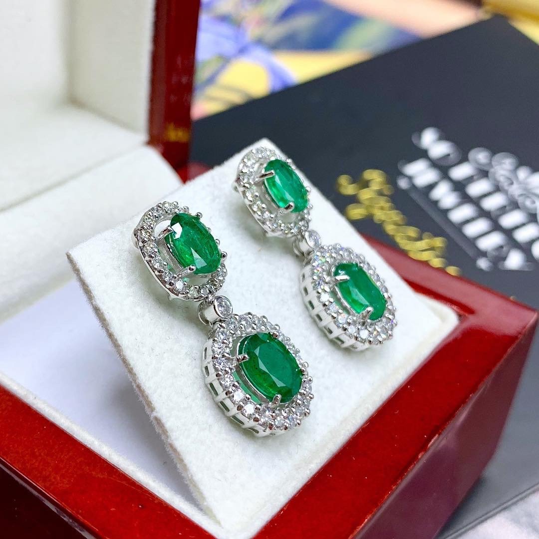 VIVID! 6.78TCW Green Emerald Diamond 18K solid WHITE gold handmade earrings dangle drop white gold chandelier