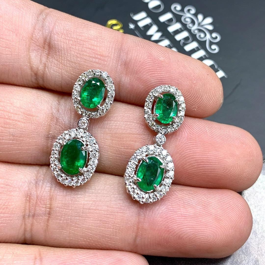 VIVID! 6.78TCW Green Emerald Diamond 18K solid WHITE gold handmade earrings dangle drop white gold chandelier