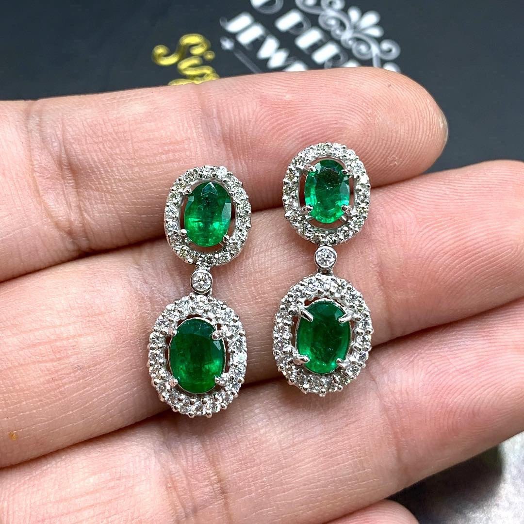 VIVID! 6.78TCW Green Emerald Diamond 18K solid WHITE gold handmade earrings dangle drop white gold chandelier