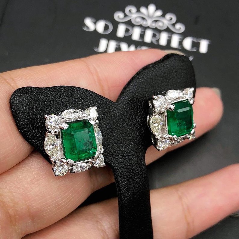 VIVID 7.15TCW Emerald VS Diamonds in 18K solid white gold earrings studs