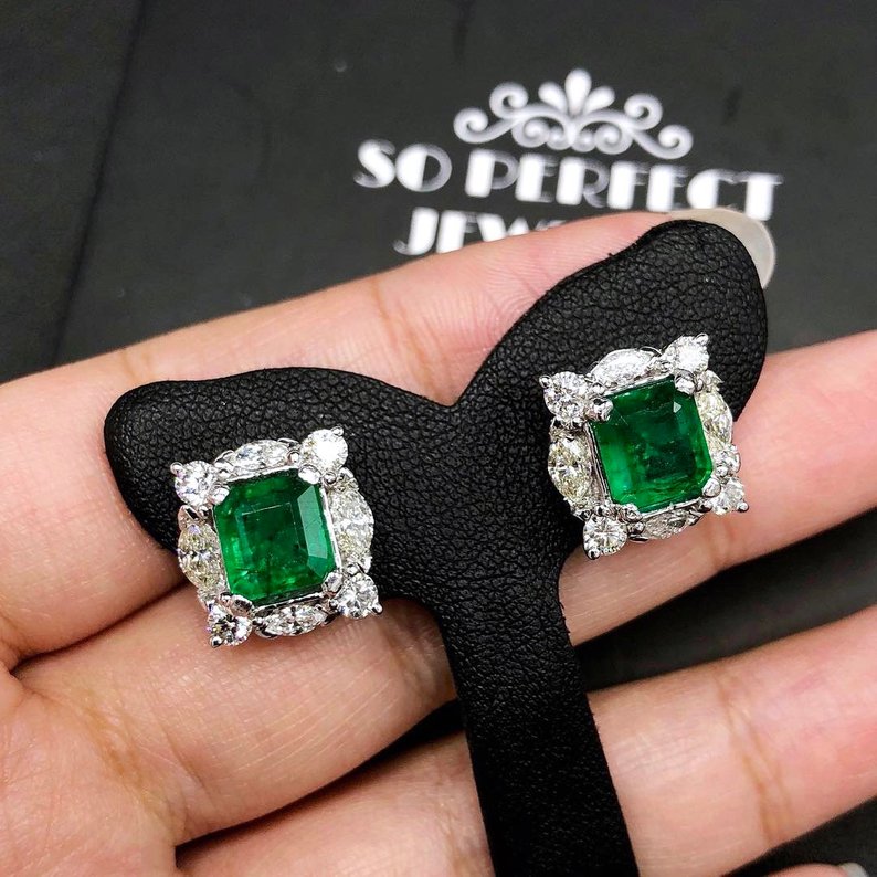 VIVID 7.15TCW Emerald VS Diamonds in 18K solid white gold earrings studs