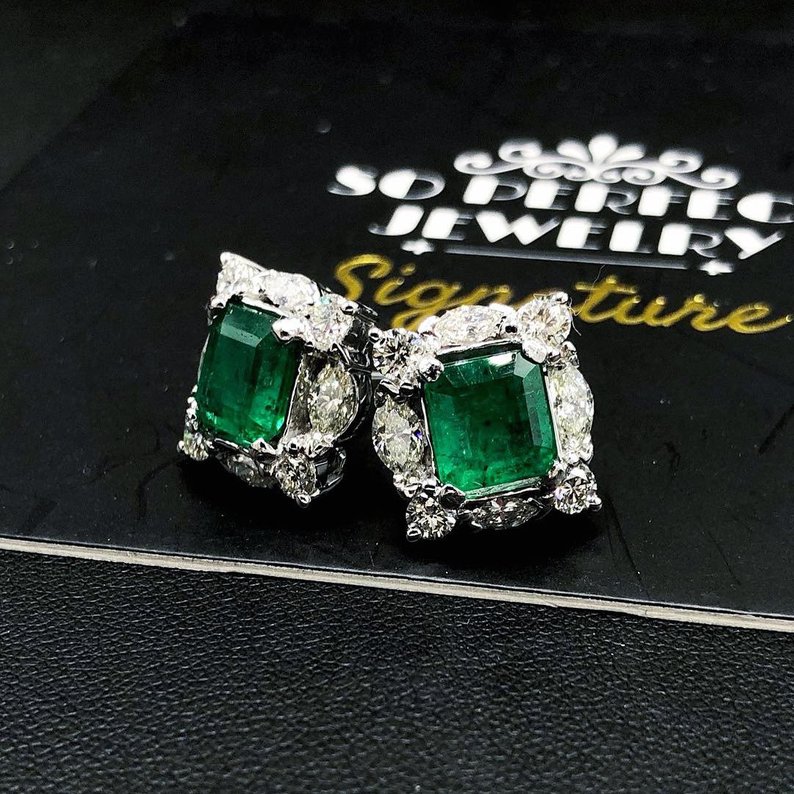 VIVID 7.15TCW Emerald VS Diamonds in 18K solid white gold earrings studs