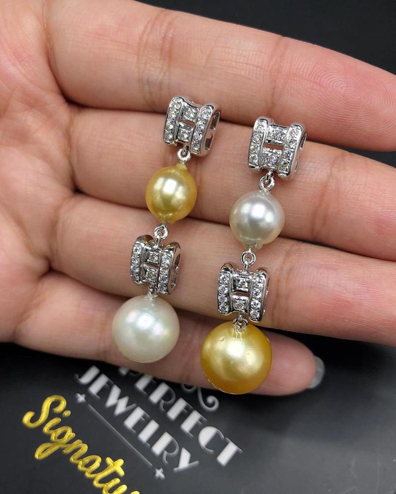 GORGEOUS! South Sea Pearls VS Diamonds 18K Solid White Gold Dangling Earrings