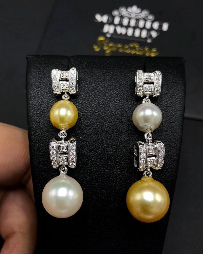 GORGEOUS! South Sea Pearls VS Diamonds 18K Solid White Gold Dangling Earrings