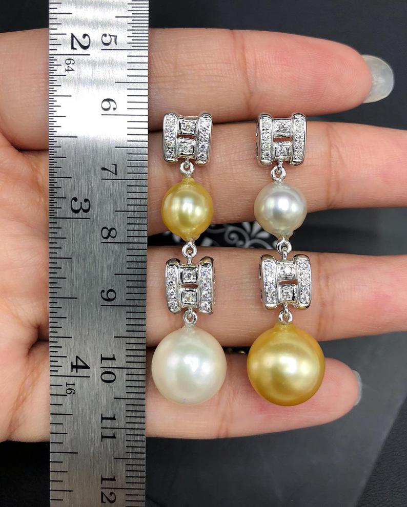 GORGEOUS! South Sea Pearls VS Diamonds 18K Solid White Gold Dangling Earrings