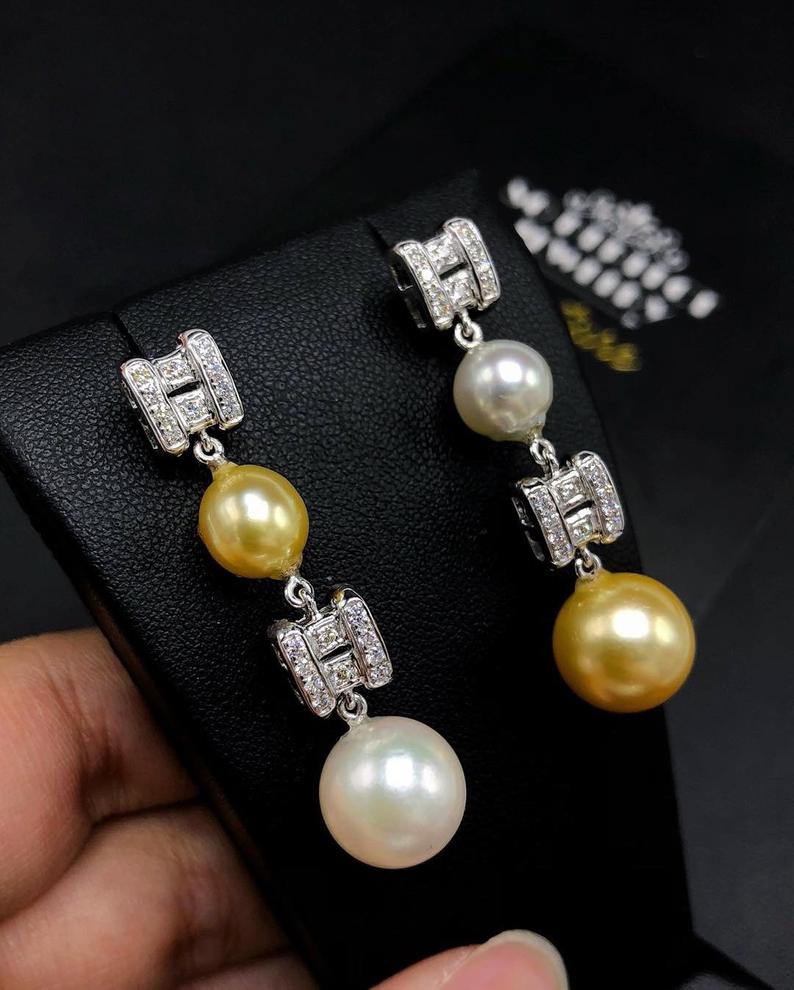 GORGEOUS! South Sea Pearls VS Diamonds 18K Solid White Gold Dangling Earrings