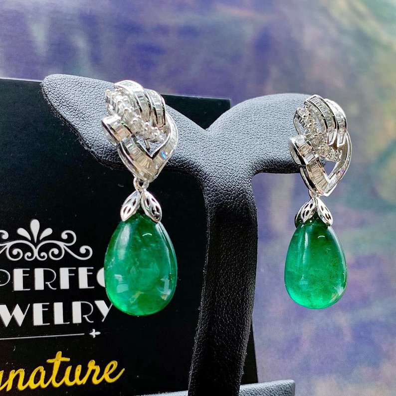 HUGE 39.90TCW Emerald VS Diamonds 18k solid white gold earrings