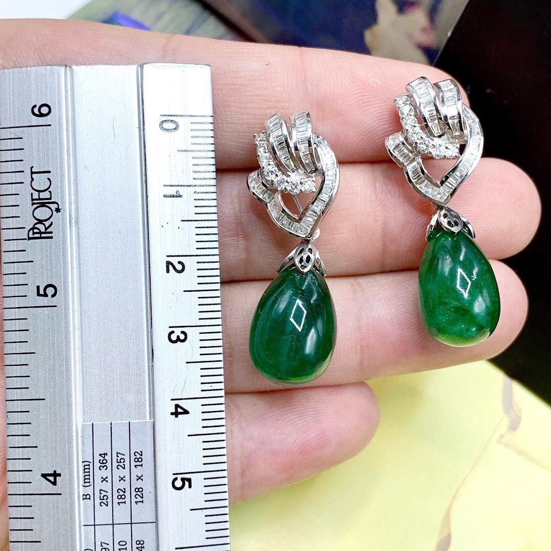 HUGE 39.90TCW Emerald VS Diamonds 18k solid white gold earrings