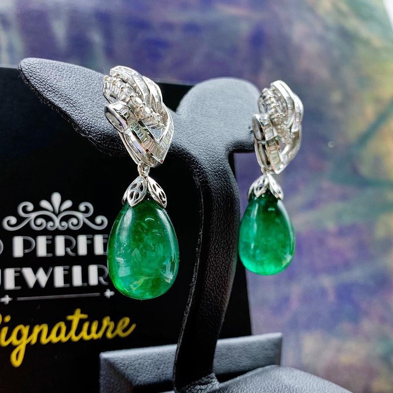 HUGE 39.90TCW Emerald VS Diamonds 18k solid white gold earrings