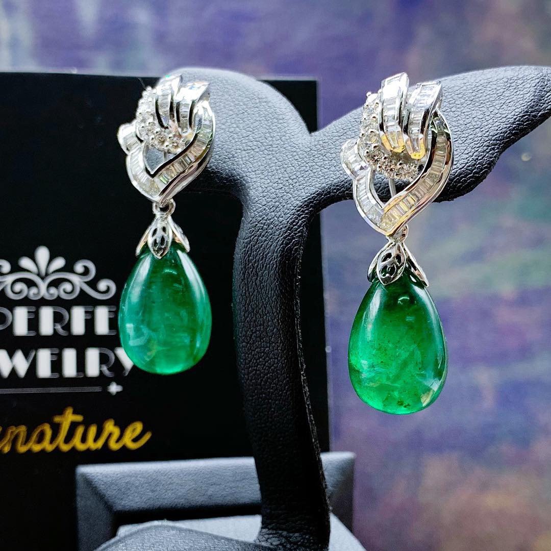 HUGE 39.90TCW Emerald VS Diamonds 18k solid white gold earrings