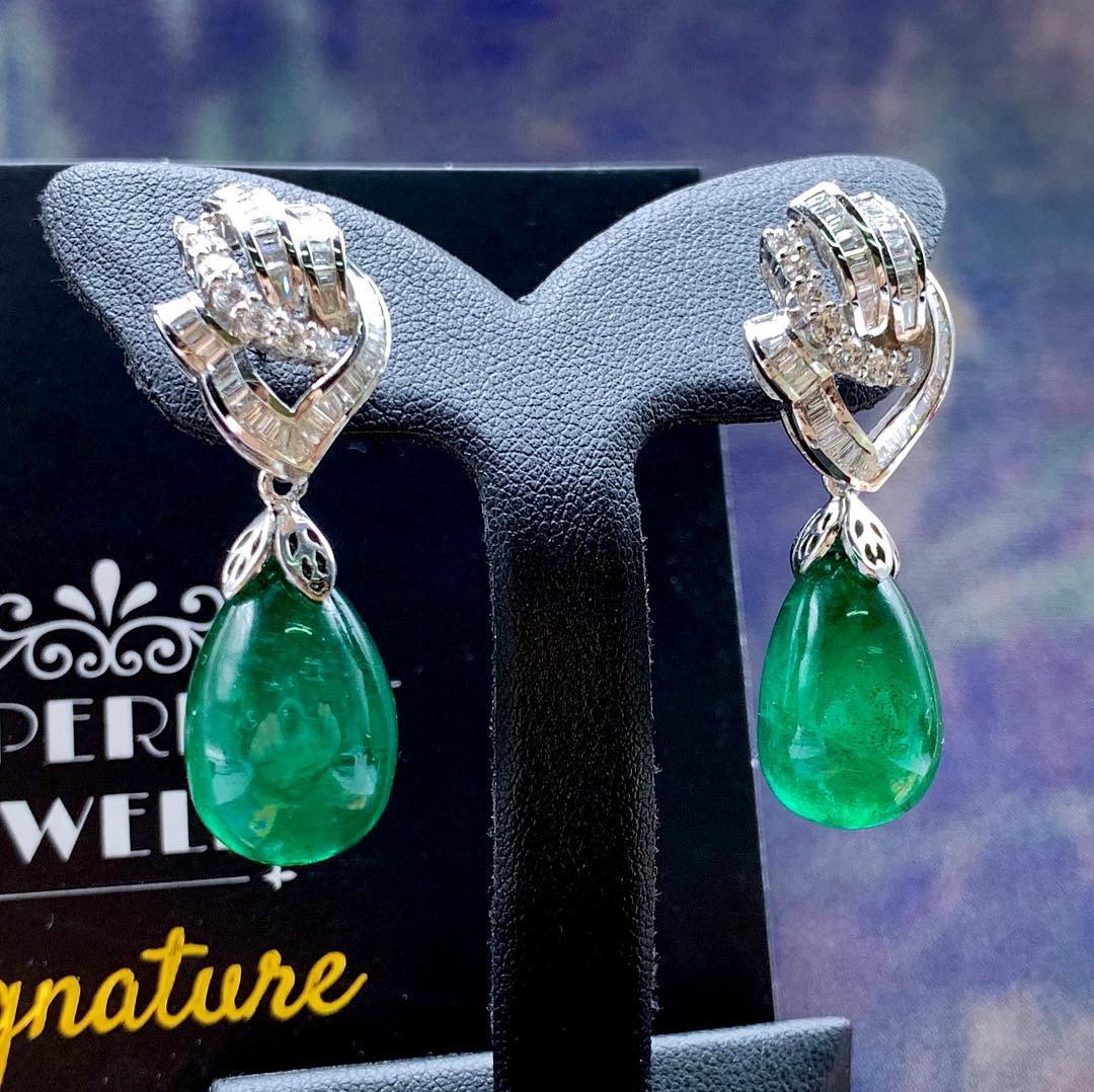 HUGE 39.90TCW Emerald VS Diamonds 18k solid white gold earrings