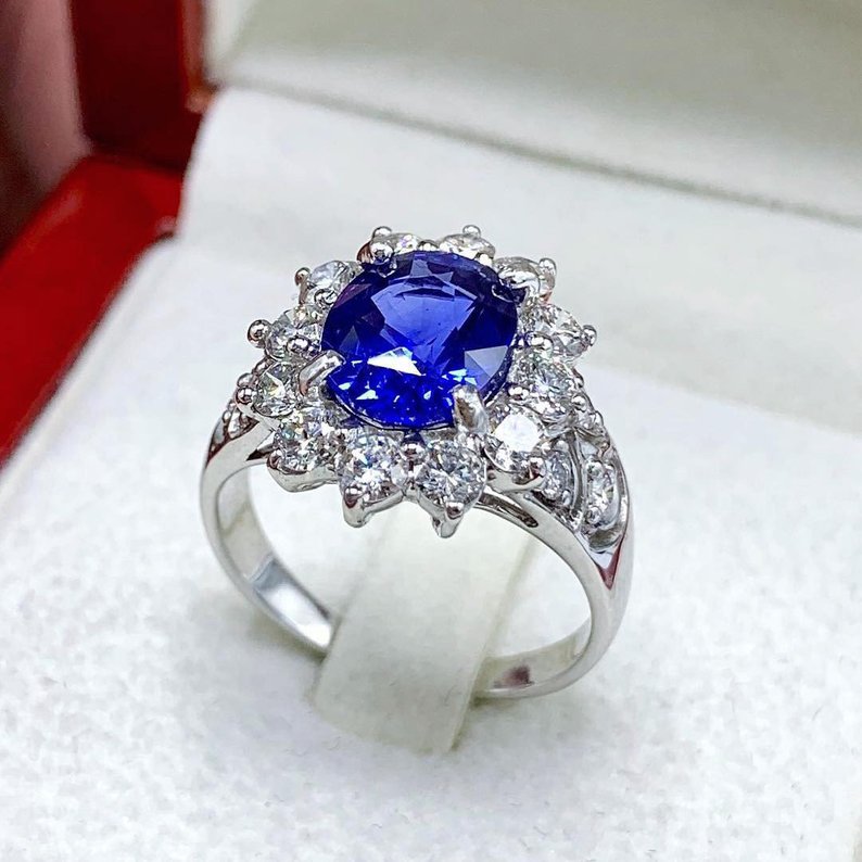 CEYLON! 4.33TCW Blue Sapphire & Diamonds in 18K solid handmade white gold ring